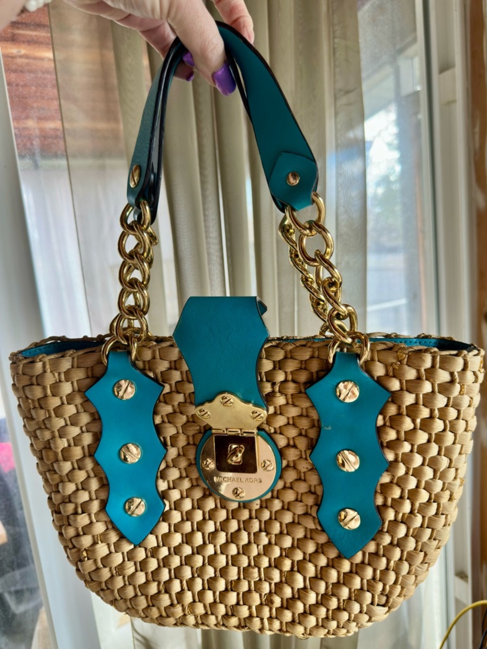 Michael Kors Aqua-Trim Woven Straw Tote with Gold Hardware. Perfect for summer!